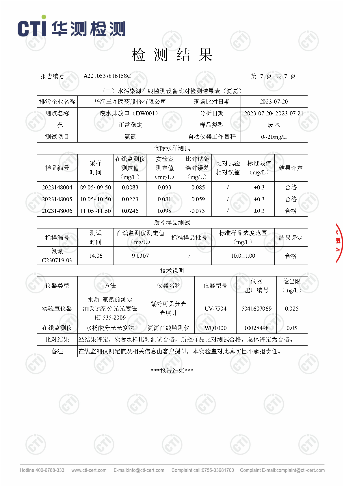 win必赢总部2023年3季度废水在线监测设备比对检测汇报_Page7