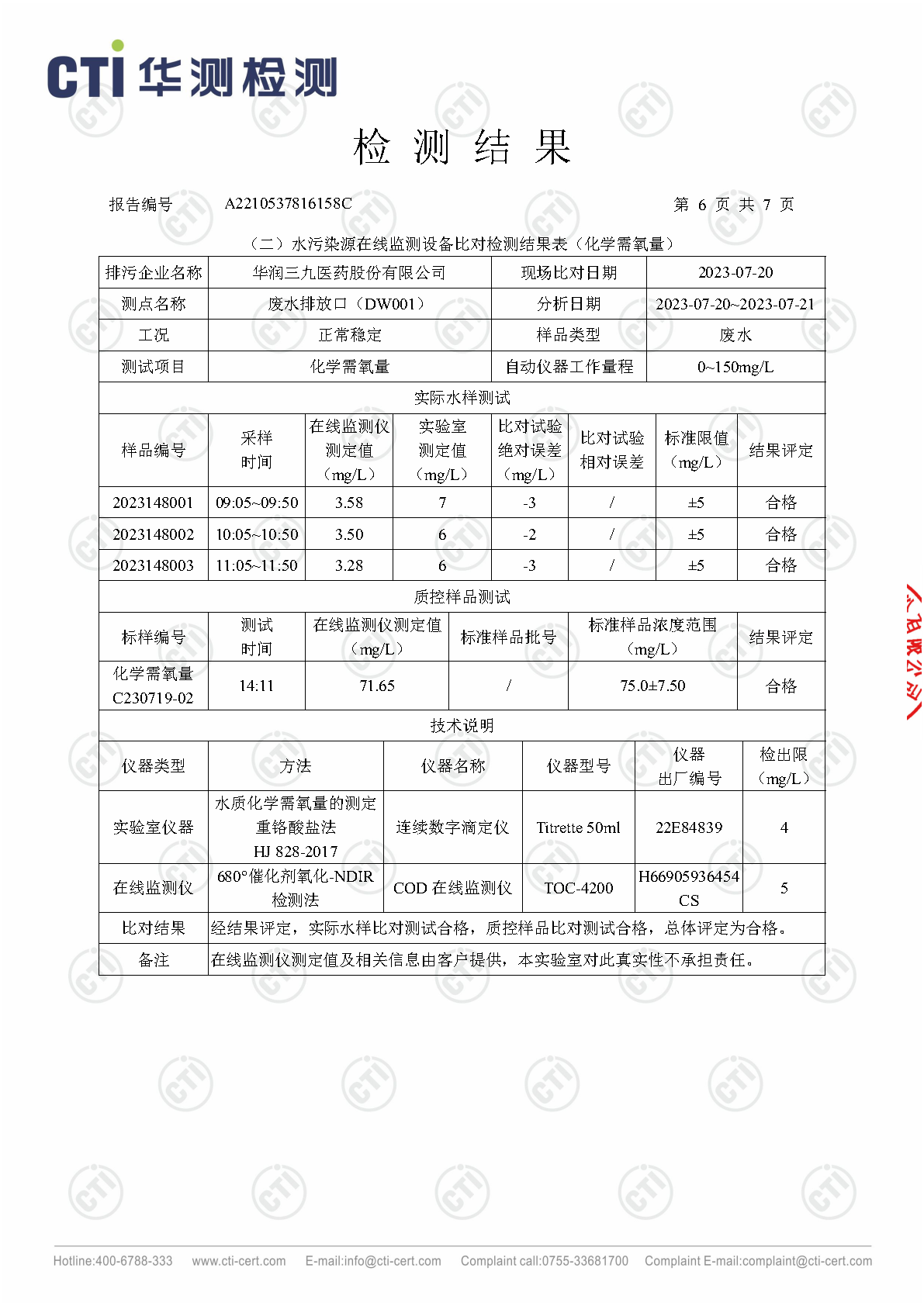win必赢总部2023年3季度废水在线监测设备比对检测汇报_Page6