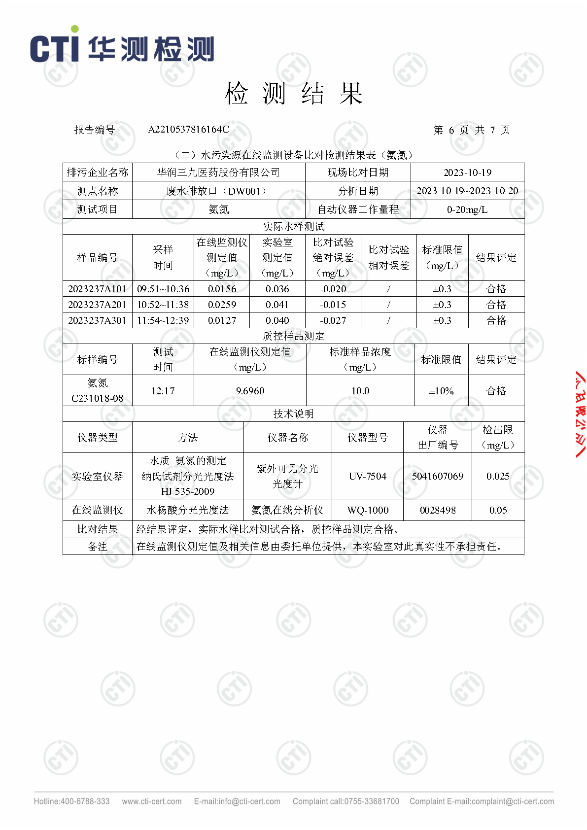 win必赢总部2023年4季度废水在线监测设备比对检测汇报_Page6